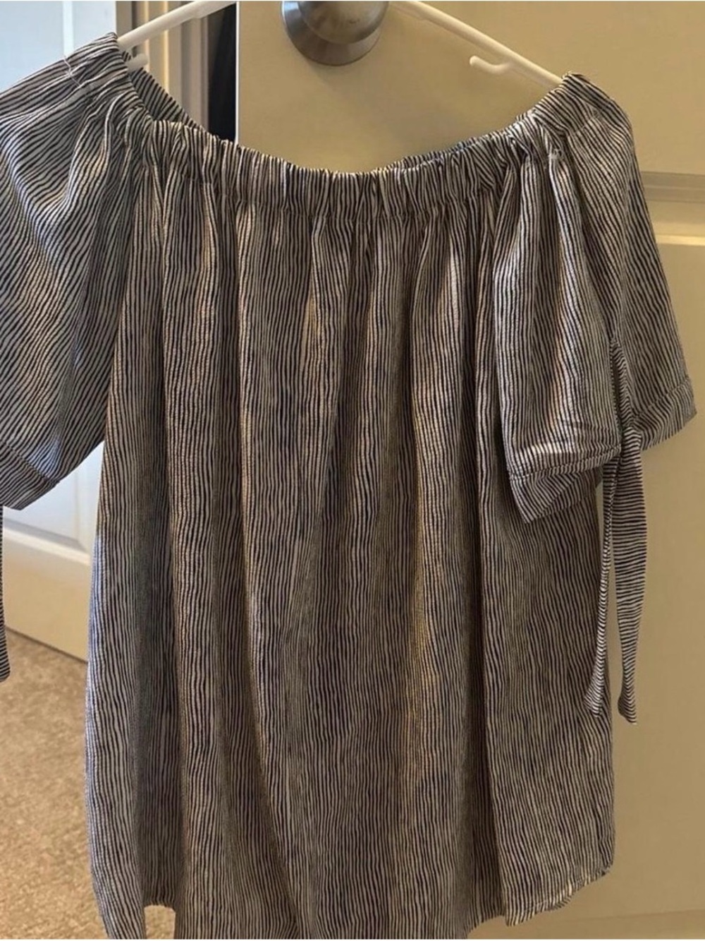 Striped Off-Shoulder Peasant Top in black and White